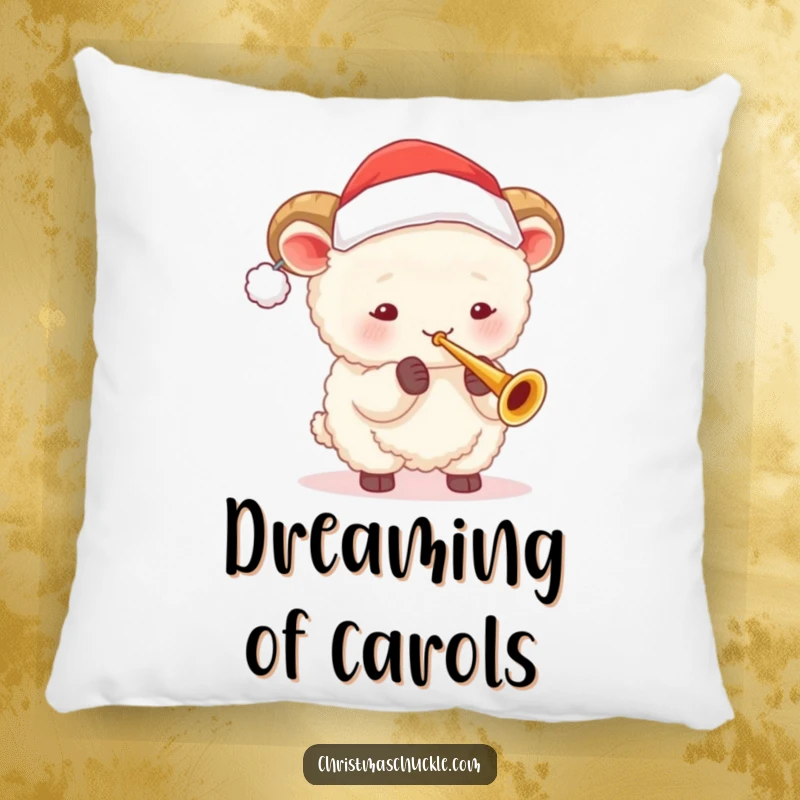 Funny sheep with Santa hat plays a tiny trumpet, offering cozy comfort and festive humor on this decorative pillow.