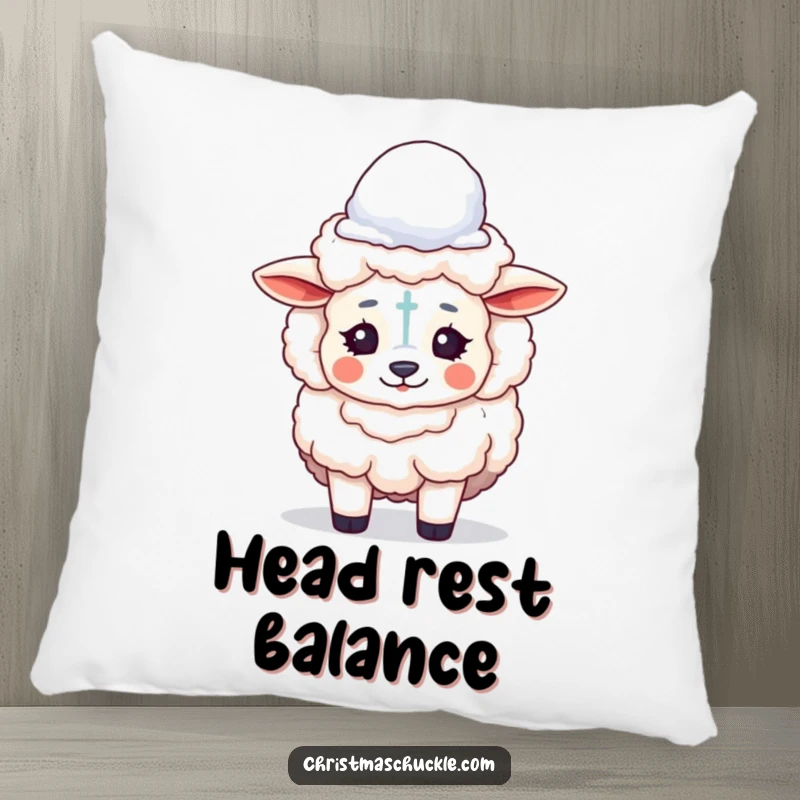 Funny pillow featuring a fluffy sheep dressed as a clown, balancing a snowball on its head with a cute and comical expression.