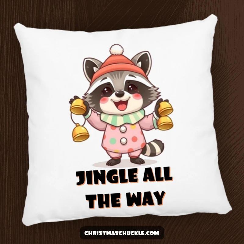 Funny pillow showcasing a happy raccoon clown juggling festive jingle bells, perfect for holiday comfort.