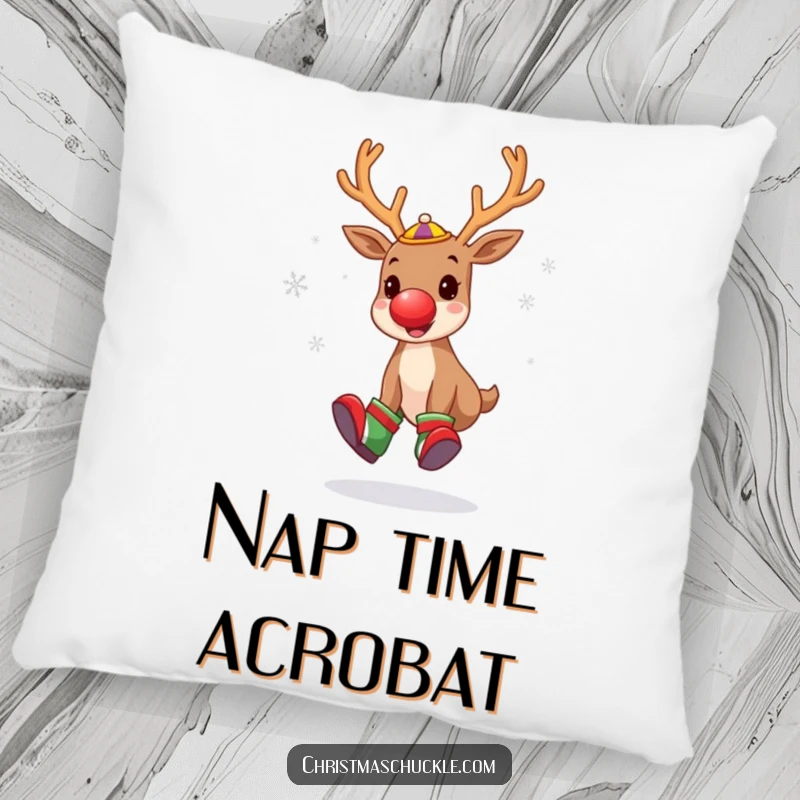 Funny pillow featuring a cute reindeer dressed as a clown, juggling snowflakes with a comical expression and oversized, floppy shoes.