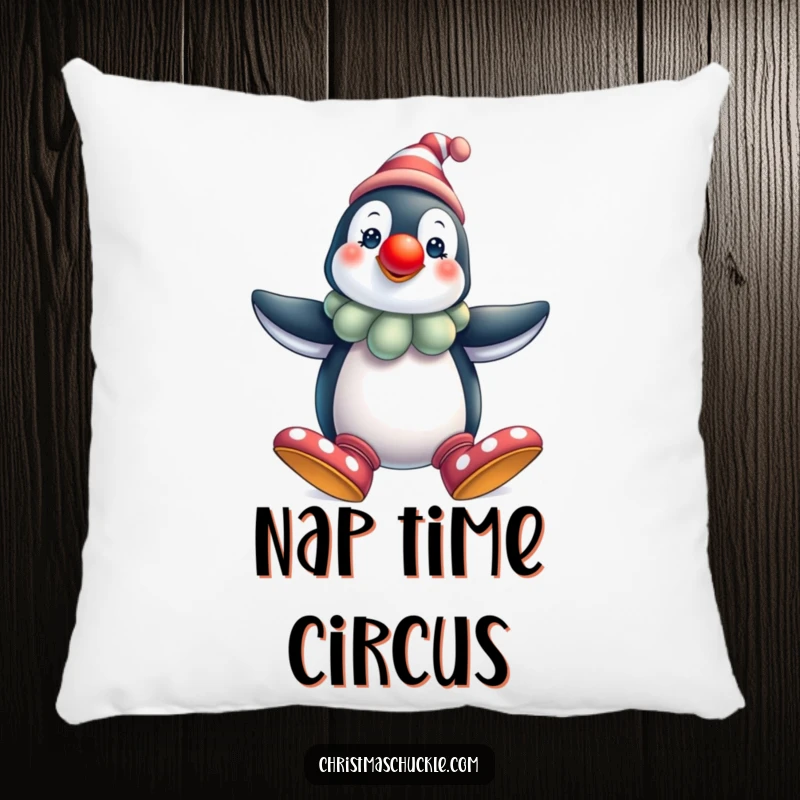 Funny penguin clown pillow, soft and festive, featuring the adorable character in oversized shoes, a humorous and comfortable home decor gift.