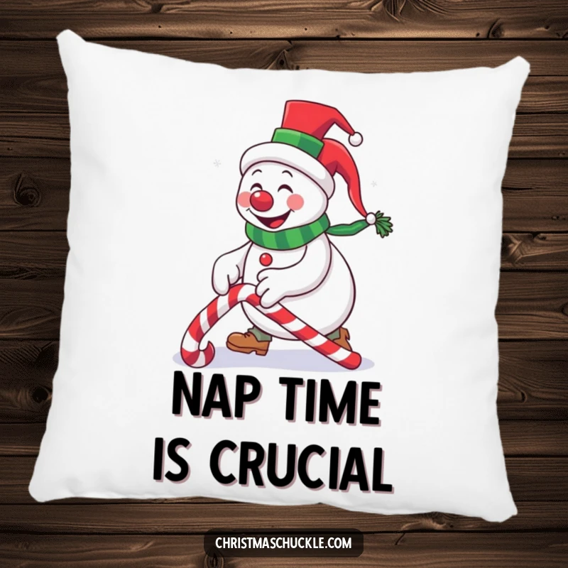 Funny snowman clown with a small top hat tripping over a candy cane, a soft and humorous throw pillow for holiday season enjoyment.