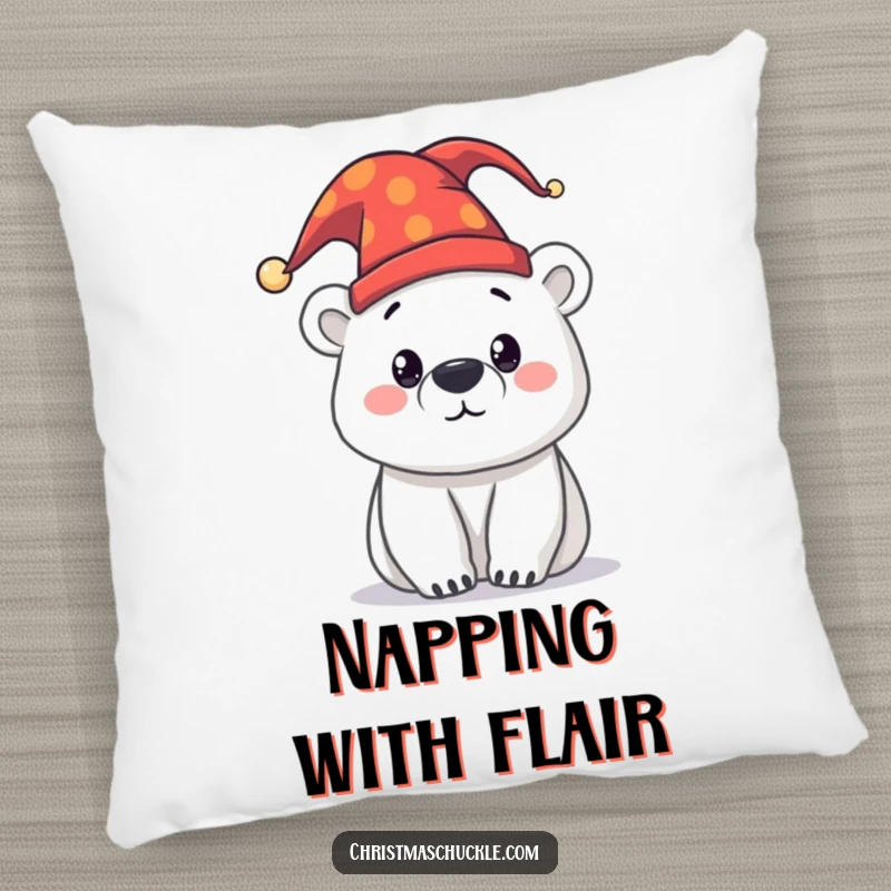 Funny curious polar bear character wearing a jester hat, depicted on a soft decorative pillow, bringing arctic humor and comfort to any room.