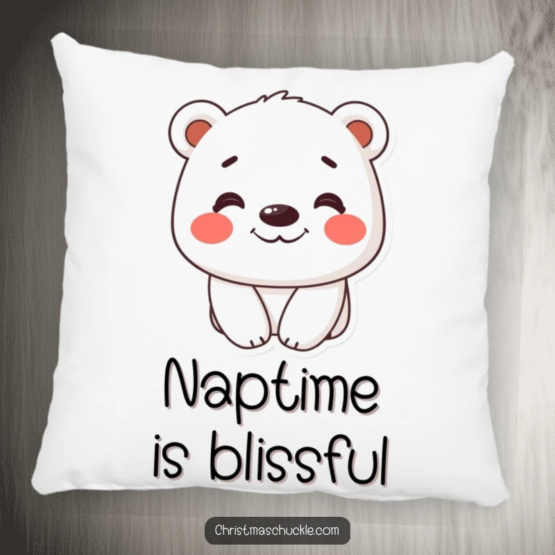 Funny pillow showcasing a cheerful polar bear with red cheeks and a wide, silly grin.