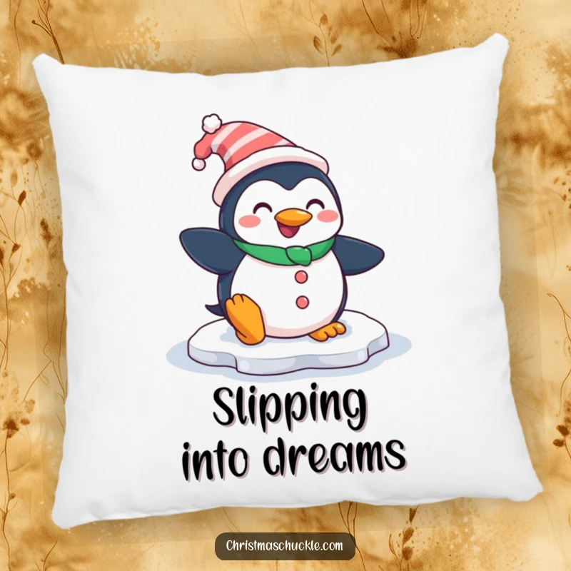 Funny pillow featuring a smiling penguin dressed as a clown, comically slipping on an icy patch, offering plush comfort and humorous appeal.
