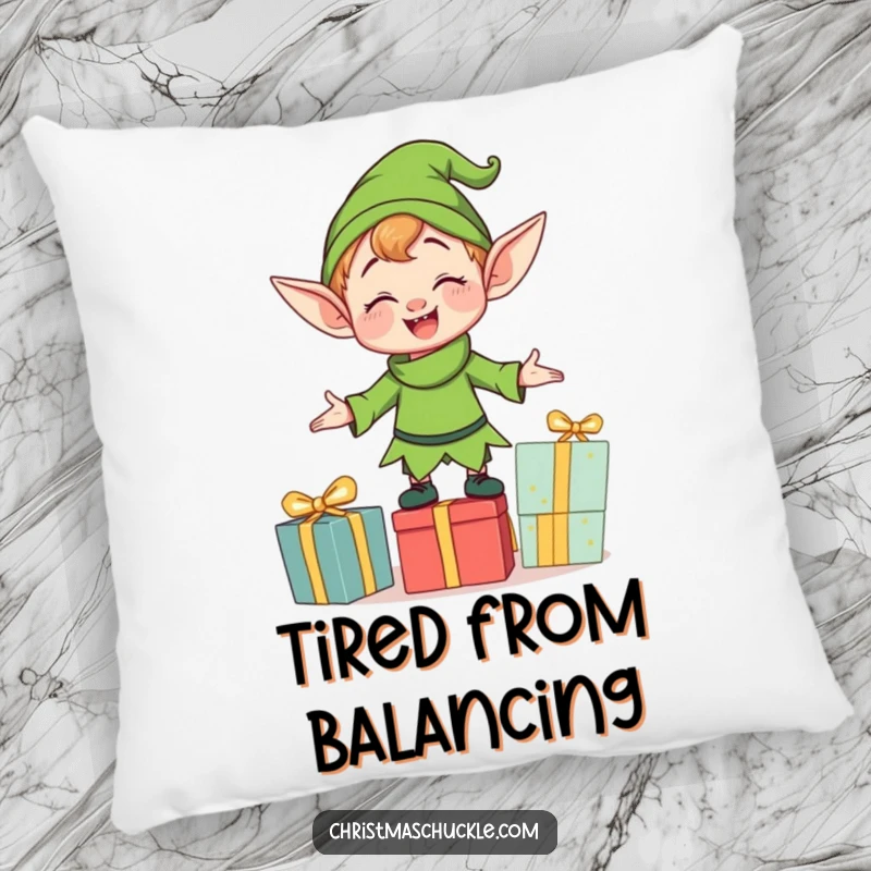 Funny clumsy elf character attempting to balance holiday presents, depicted on a soft decorative pillow for cozying up with a smile.