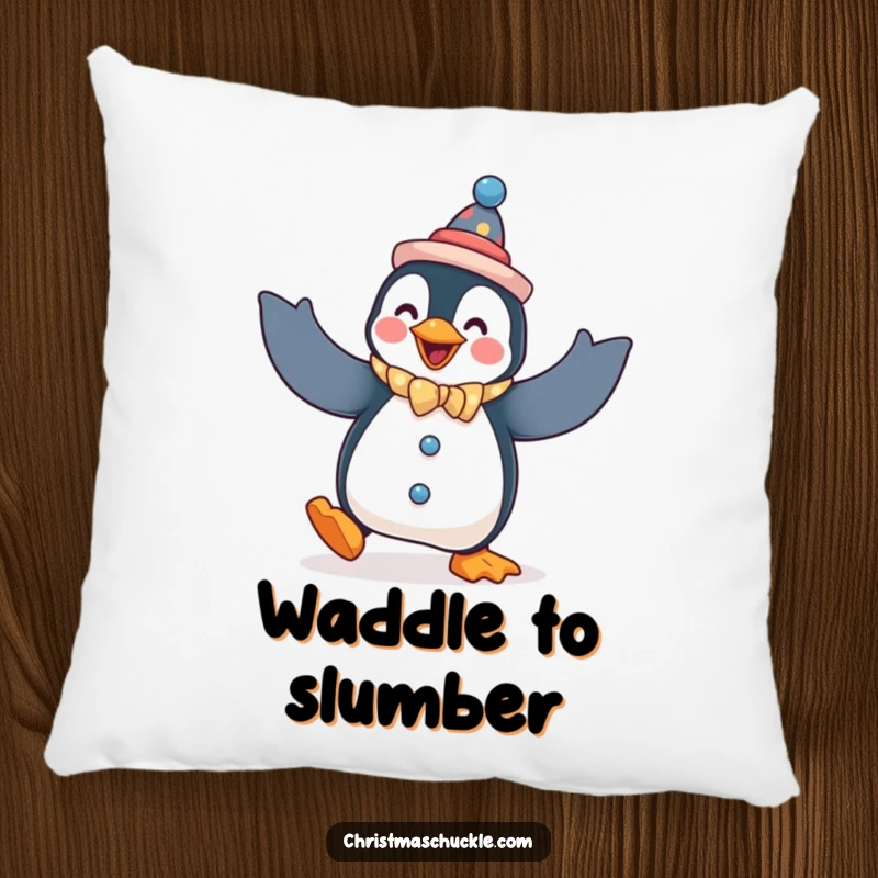 Funny penguin pillow, a penguin dressed as a clown, performing a silly dance with flapping arms, soft and funny.