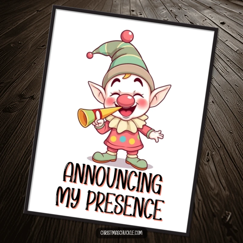 Funny giggling elf clown with a squeaky nose blowing a party horn, humorous digital art for printing and celebrations.