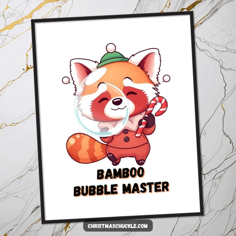 Funny digital art print of a red panda dressed as a clown, humorously blowing a giant bubble with a candy cane, radiating sweetness.