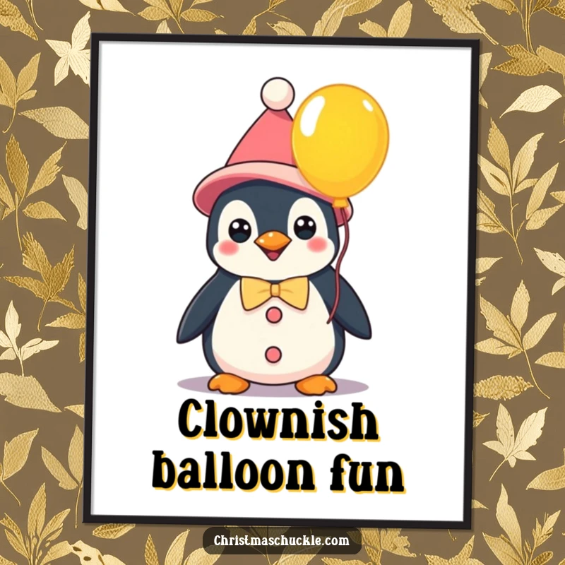Funny kawaii penguin clown holding a bright balloon, a digital art print bringing instant whimsical humor and cheerful vibes.