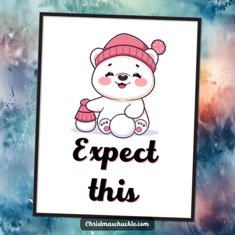 Funny digital art print of a giggling polar bear character comically balancing a hat and a snowball, ready for instant playful display.