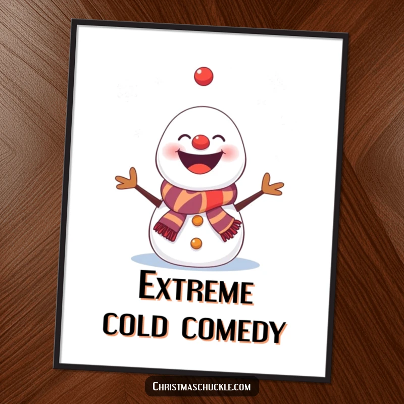 Funny snowman digital art print, a clown-grinning snowman energetically juggling snowflakes, instant funny wall decor.