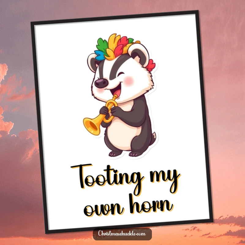 Funny badger with a clown wig playing a tiny trumpet, ready as a printable and funny digital art.