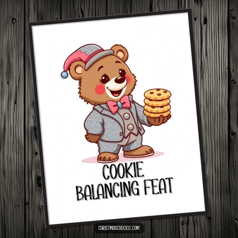 Funny bear clown digital art print, wearing a sparkly suit, determinedly balancing a stack of festive cookies, vibrant and comical downloadable art.