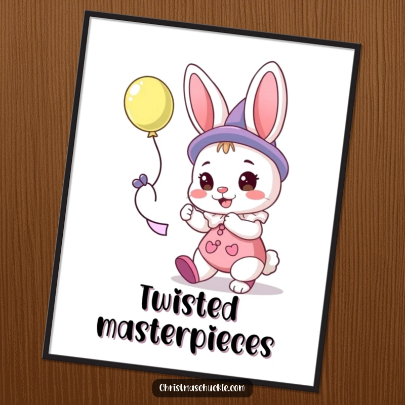 Funny digital art print of a bunny clown character gleefully making a balloon animal twist.