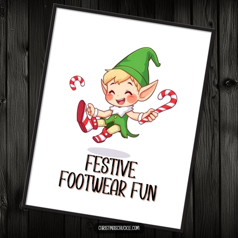 Funny digital art print of a smiling elf in giant clown shoes, juggling candy canes with exaggerated motion, full of holiday mirth.