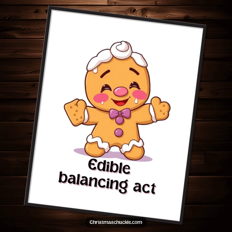 Funny gingerbread man clown digital art print, blushing with frosting on face, hilariously balancing crackers, vibrant and comical downloadable artwork.