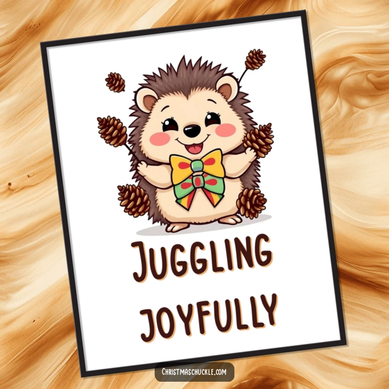 Funny digital art print of a happy hedgehog in a clown bowtie, juggling pinecones, perfect for whimsical decor.