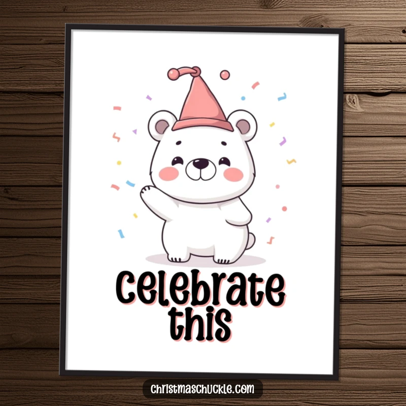 Funny digital art print of a smiling polar bear character in a tiny jester hat, joyfully tossing confetti, ready for instant fun.