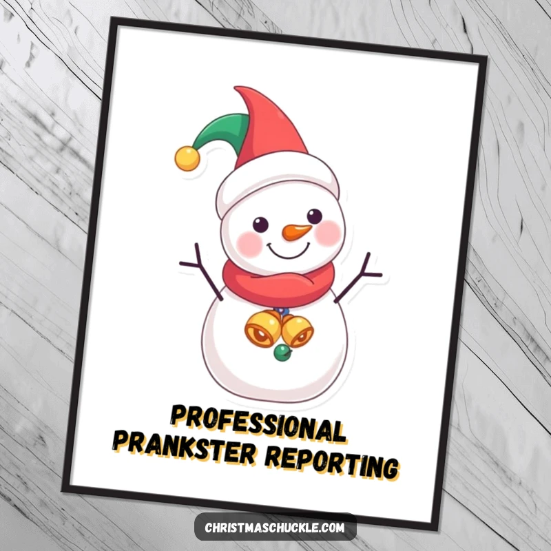 Funny Jester Snowman digital art print, a comical winter character in jester costume, ready to adorn your walls with joy.