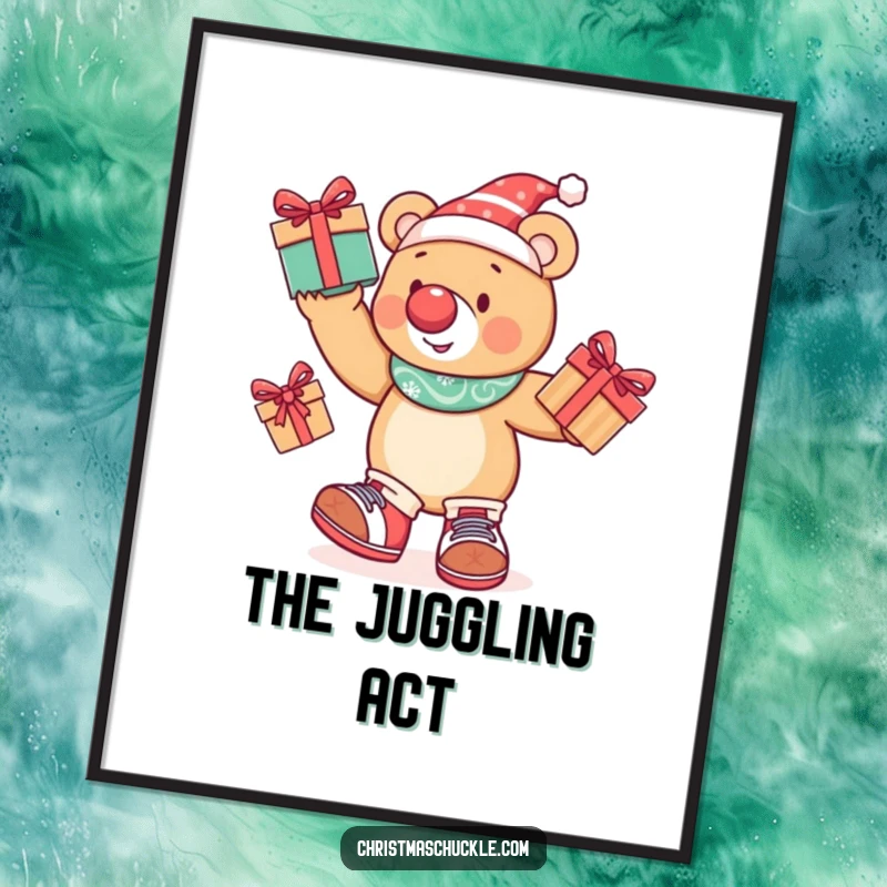 Funny festive bear dressed as a clown, juggling presents, in a vibrant digital art print for humorous circus decoration.