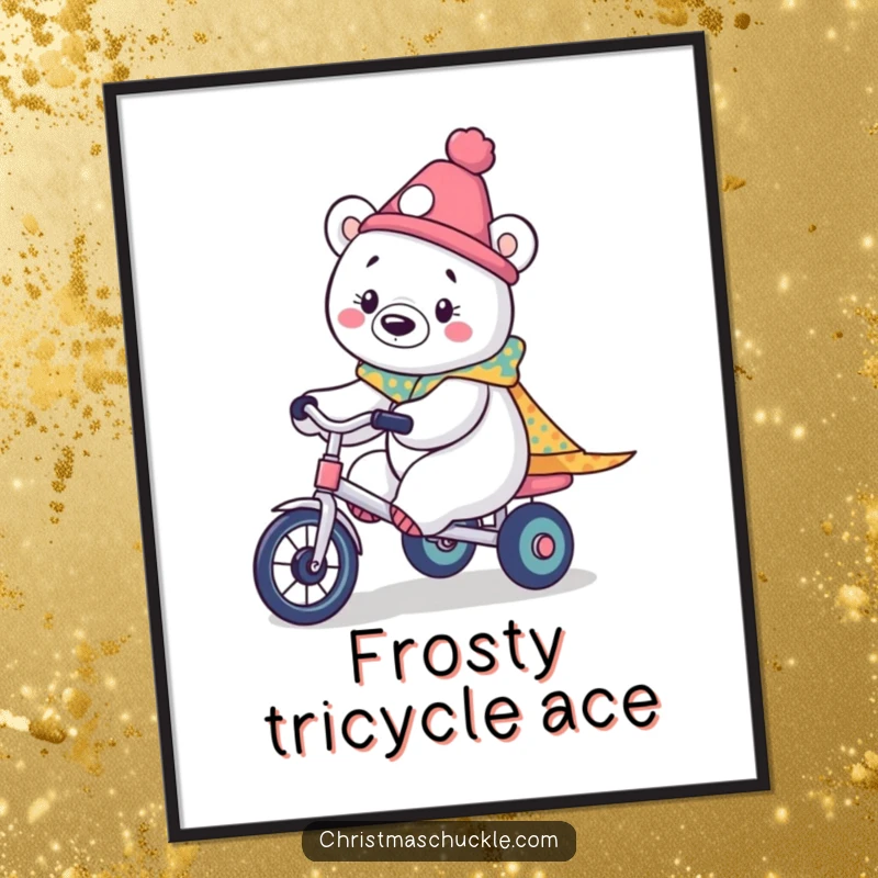 Funny digital art print of a kawaii polar bear dressed as a clown, riding a miniature tricycle, radiating pure cuteness and joy.