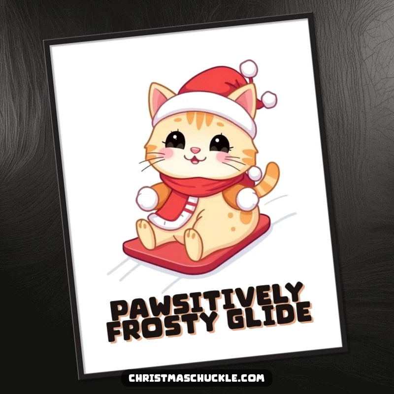 Funny Kawaii Santa Cat Digital Art Print: A cute cat wearing a Santa outfit, happily sliding down a snowy hill, for winter wall art.