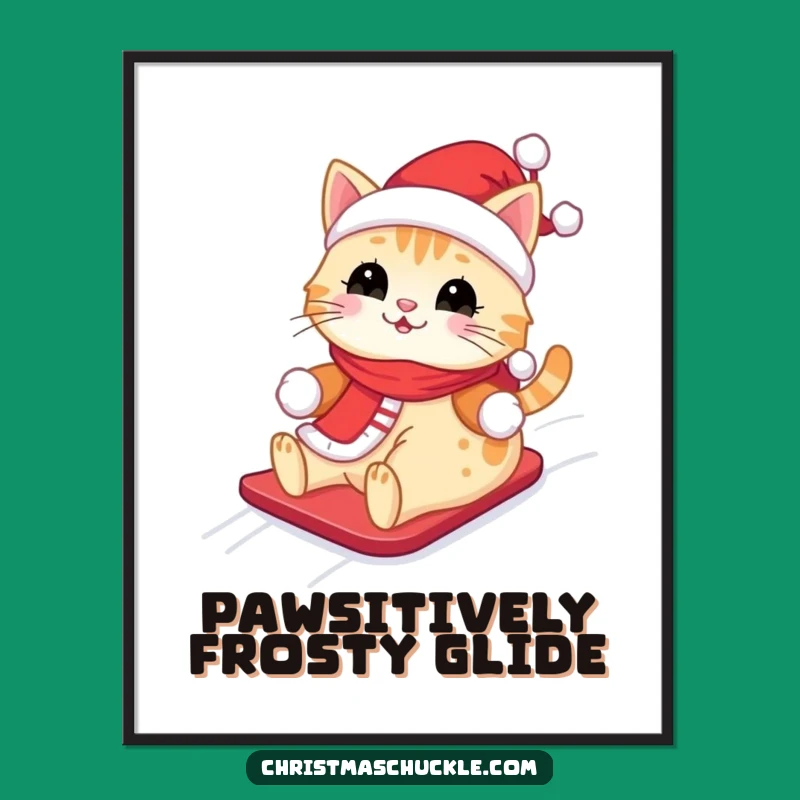 Funny Kawaii Santa Cat Digital Art Print: Cute Feline Sliding Down Snowy Hill, Instant Funny Gift