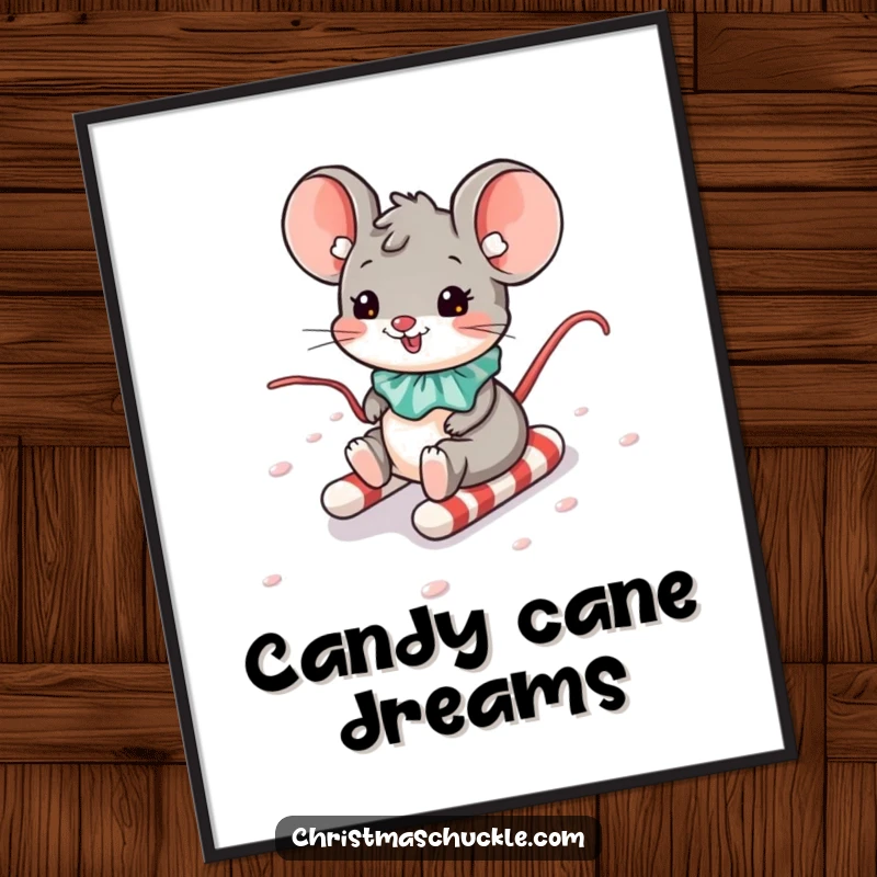 Funny digital art print of a mouse wearing a clown collar sliding down a delightful candy cane hill.