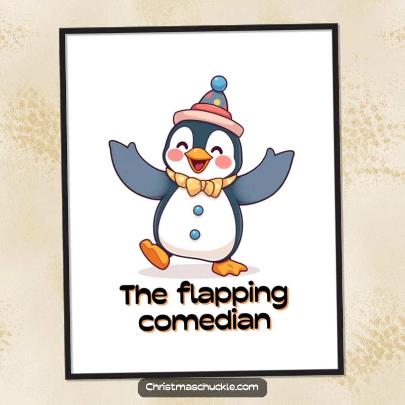Funny penguin digital art print, a penguin dressed as a clown, doing a silly dance with flapping arms, instant fun decor.