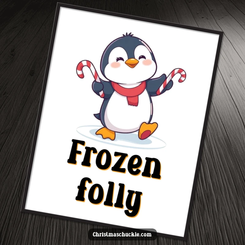 Printable funny cute penguin slipping on ice, juggling candy canes, offering instant winter humor for wall art.