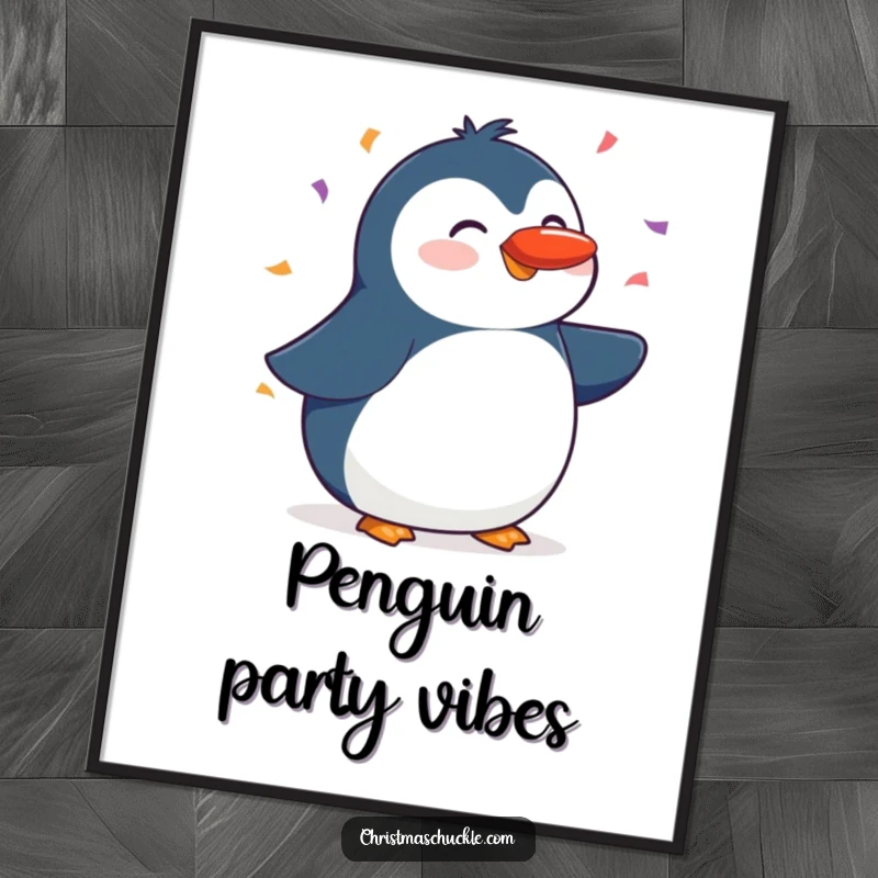 Funny digital art print of a cheerful penguin balancing a red nose on its beak, with a festive shower of confetti, full of winter fun.