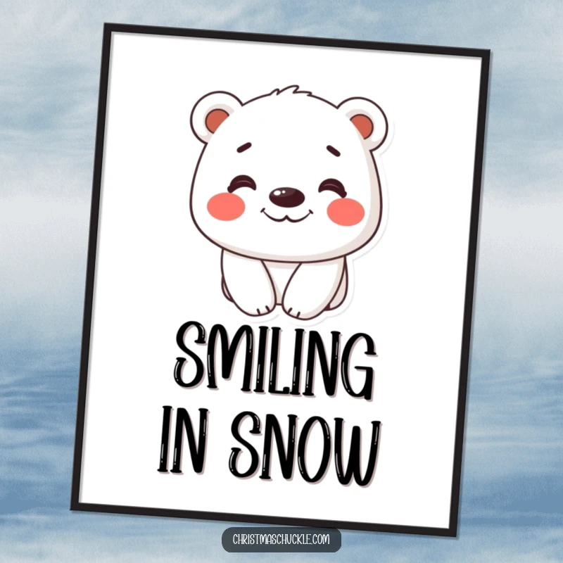 Funny digital art print of a polar bear with rosy cheeks and a contagious silly grin, perfect for decor.