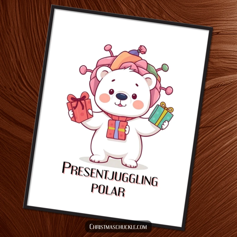 Funny digital art print of a curious polar bear wearing a silly clown wig, juggling wrapped presents with playful energy, full of fun.