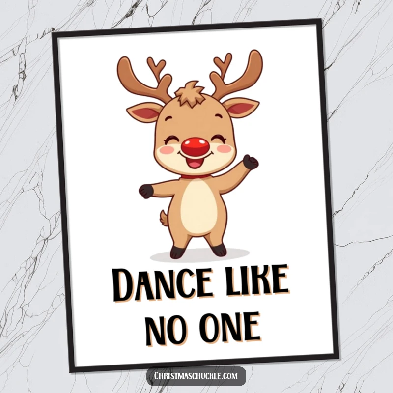 Funny digital art print of a delighted reindeer character with a bright red nose attempting a silly dance, ready for instant holiday fun.