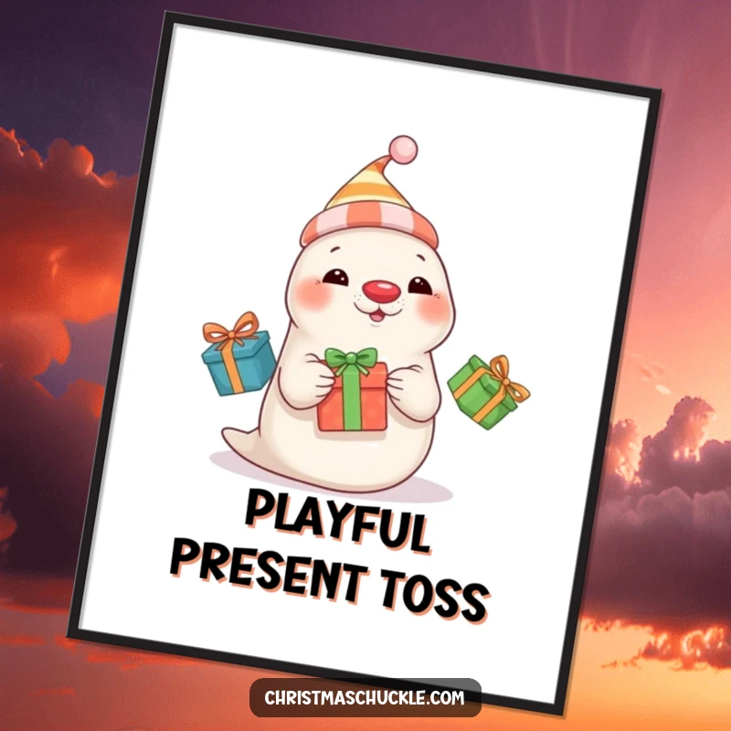 Funny seal clown in a hat and red nose juggles three presents, high-resolution digital art print.