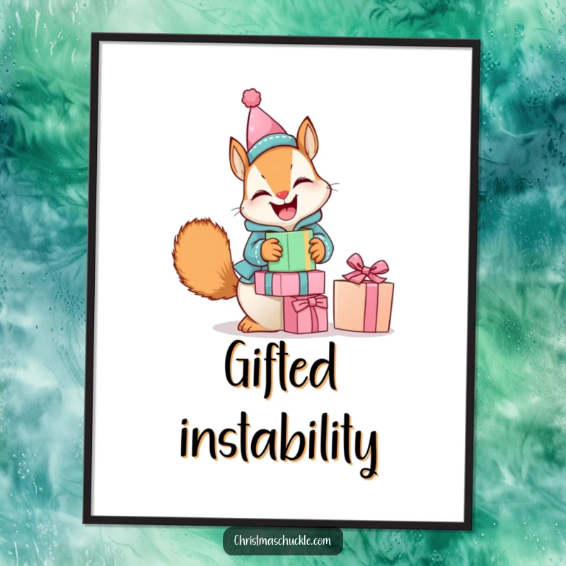 Funny digital art print of a giggling squirrel in a clown suit, humorously balancing a stack of presents, perfect for whimsical decor.