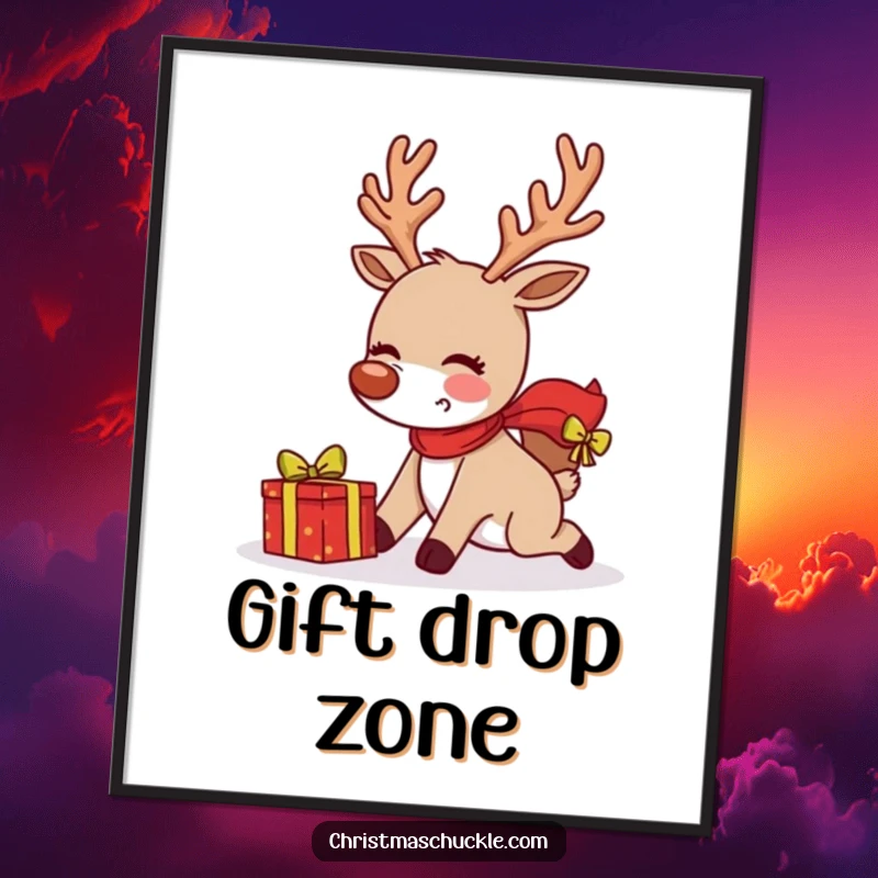 Printable funny blushing reindeer comically tripping while delivering a present, offering instant festive humor for wall art.