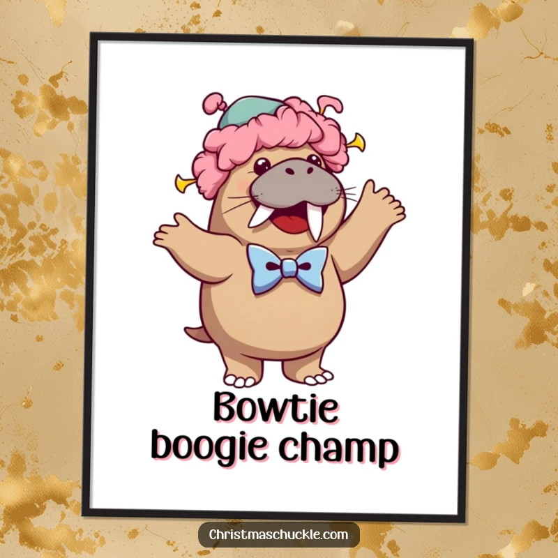 Funny digital art print of a cheerful walrus dressed as a clown, wearing a wig and bowtie, performing a silly, energetic dance.