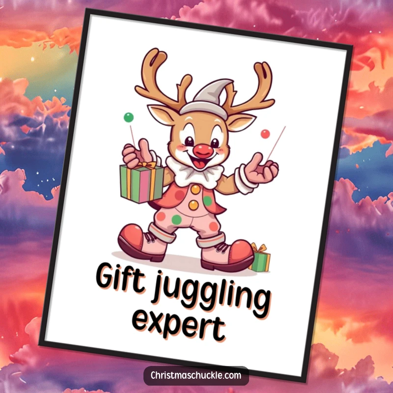 Funny kawaii reindeer clown with oversized shoes juggling presents, downloadable art print, festive wall decor, humorous digital art, cute holiday character.