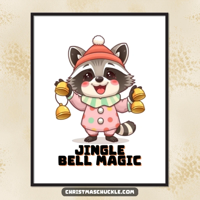 Funny digital art print of a raccoon dressed as a clown, juggling three festive jingle bells.