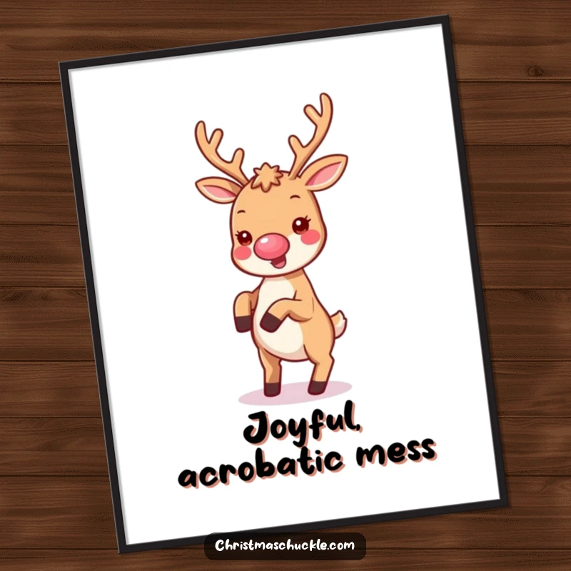 Funny digital art print of a kawaii reindeer with a tiny clown nose, joyfully doing a cartwheel, full of energy.