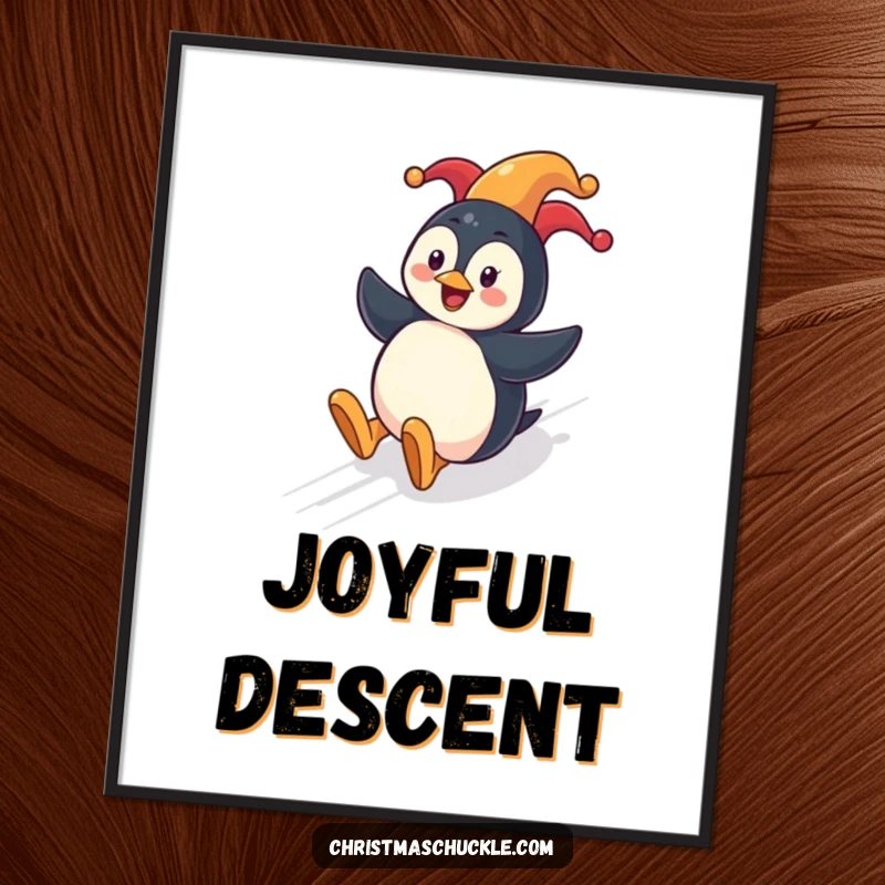 Funny penguin clown digital art print showing a cheerful penguin sliding down a festive hill with a clown nose.