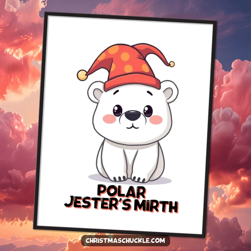 Funny curious polar bear wearing a festive jester hat, offered as a high-resolution digital art print for instant wall decor and humor.