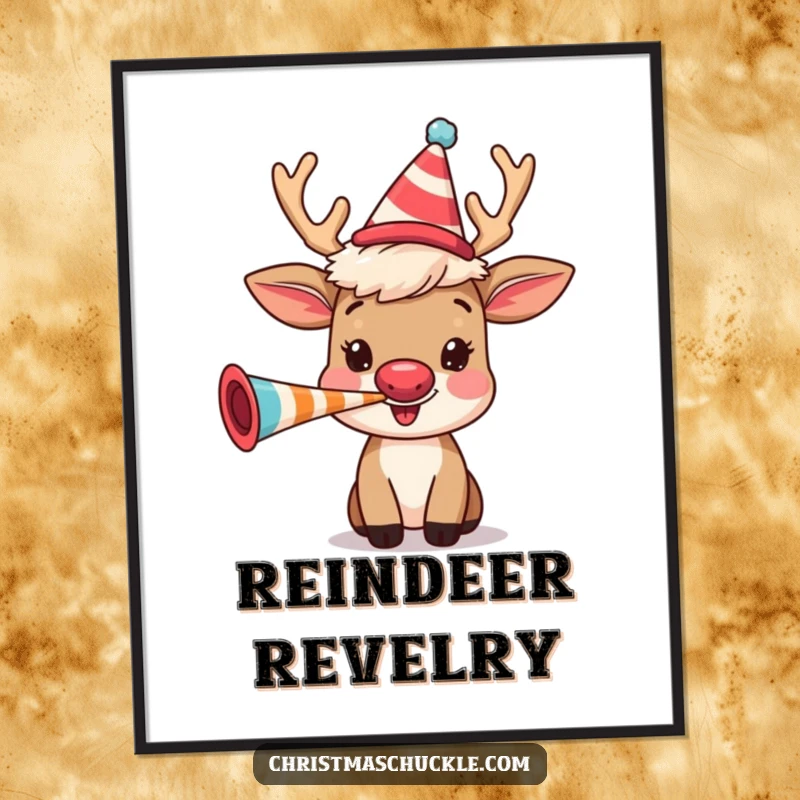 Funny happy reindeer with a clown wig blowing a party horn, in a vibrant digital art print for humorous holiday decoration.