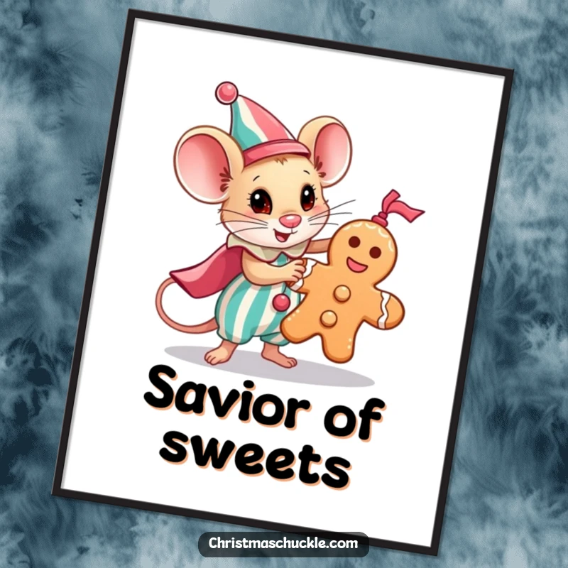 Funny digital art print of a heroic mouse clown saving a gingerbread man, perfect for instant humor decor.