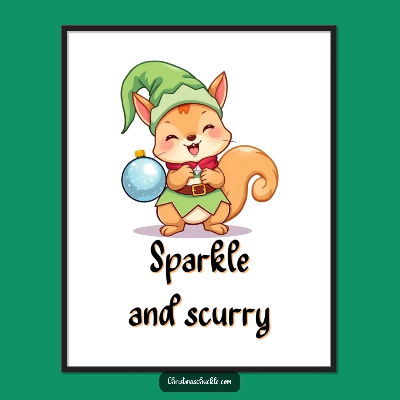 Funny Kawaii Elf Squirrel Digital Art Print: Cute Christmas Character Holding Ornament, Instant Funny Gift