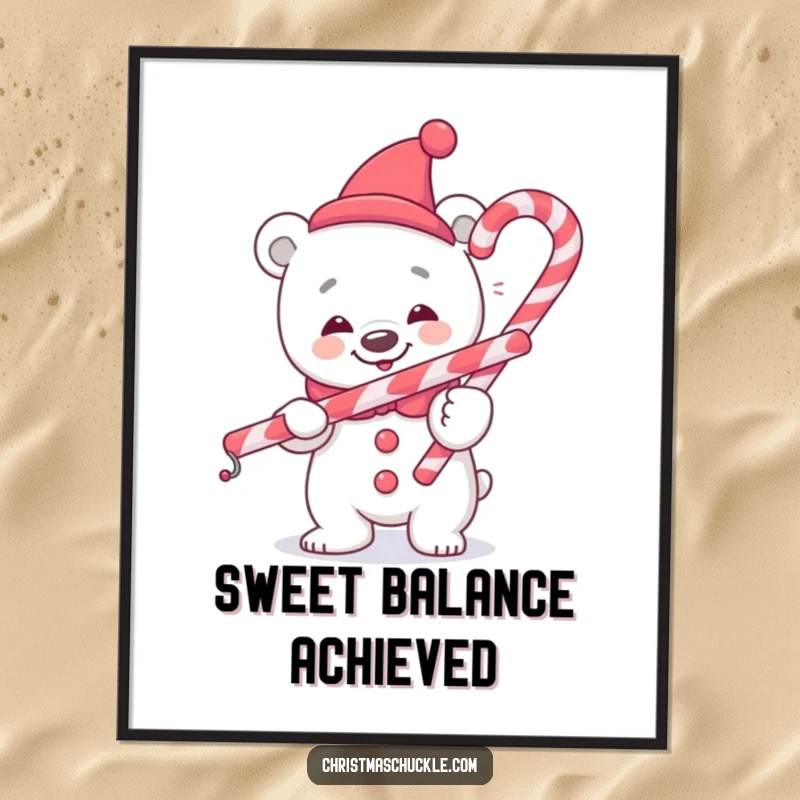 Funny polar bear clown digital art print, cheerful and comical, balancing a candy cane, a unique funny gift.