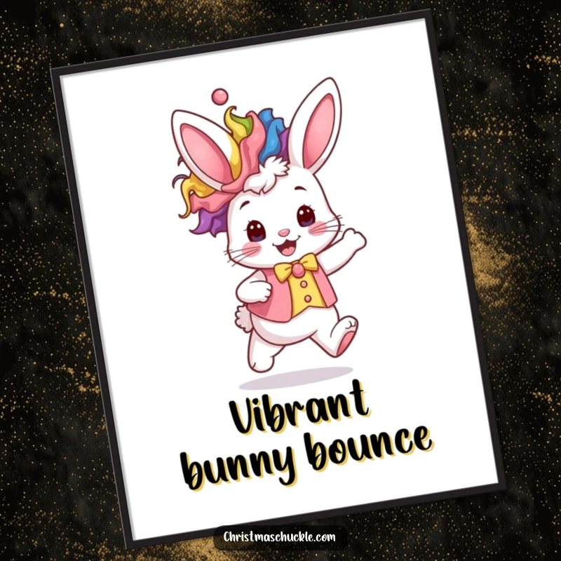 Funny kawaii bunny in a rainbow clown wig and waistcoat hops excitedly, high-resolution digital art print.