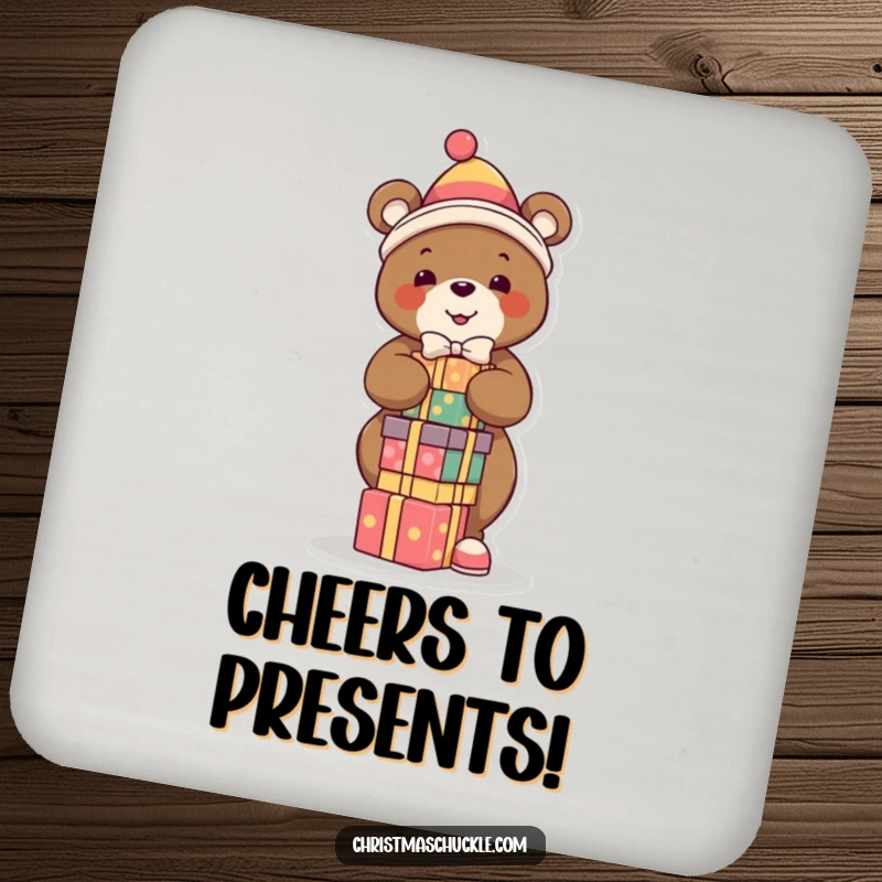 Funny drink coasters featuring a bear clown balancing presents, protecting surfaces with a humorous and festive design for your beverages.